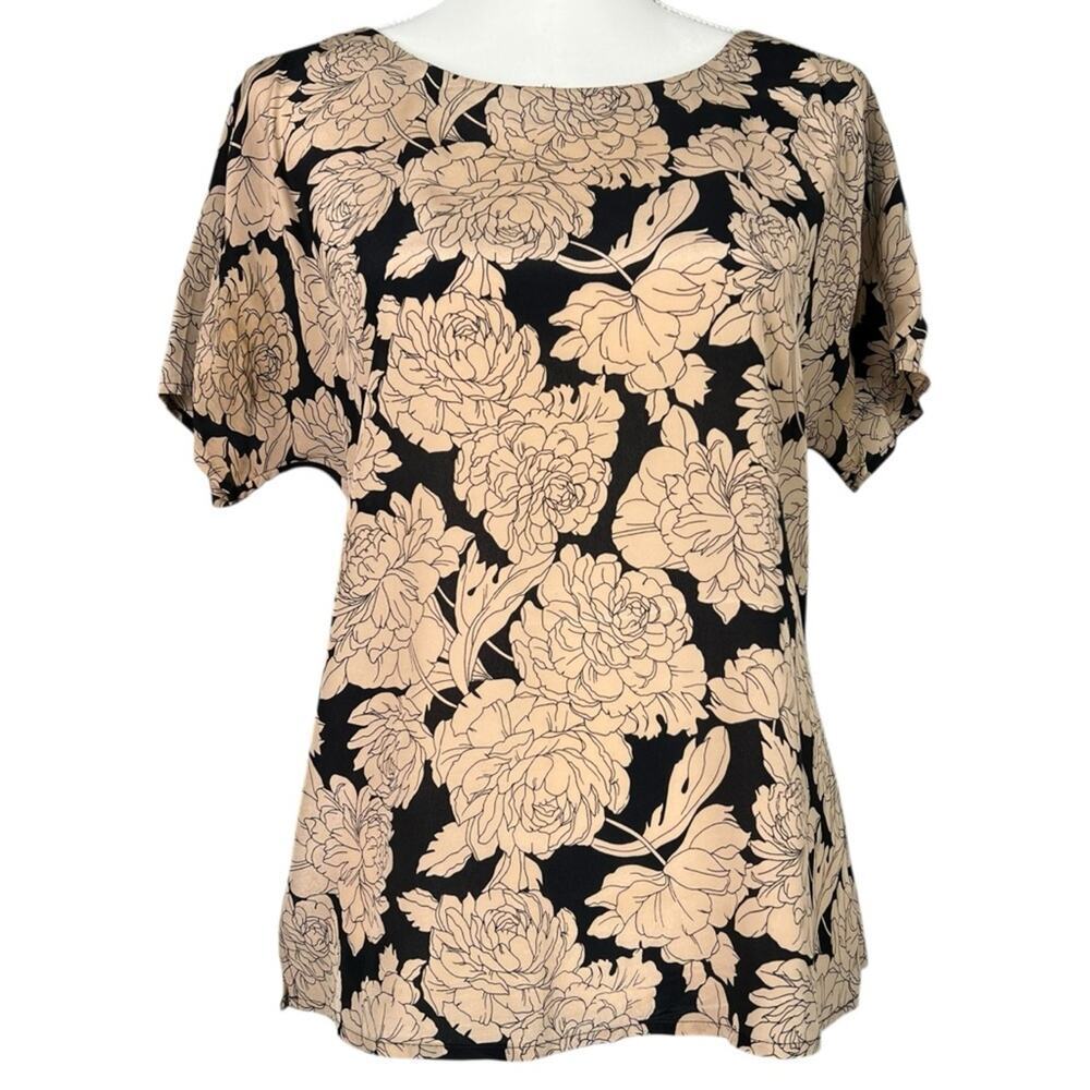 Banana Republic BR Silk Blouse Black Cream Floral Short Sleeved Size 4